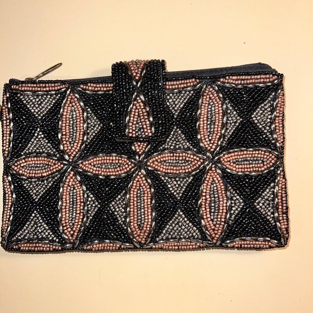 BAMBOO TRADING Beaded Classy Black Metallic CLUTCH Wristlet Crossbody Strap
